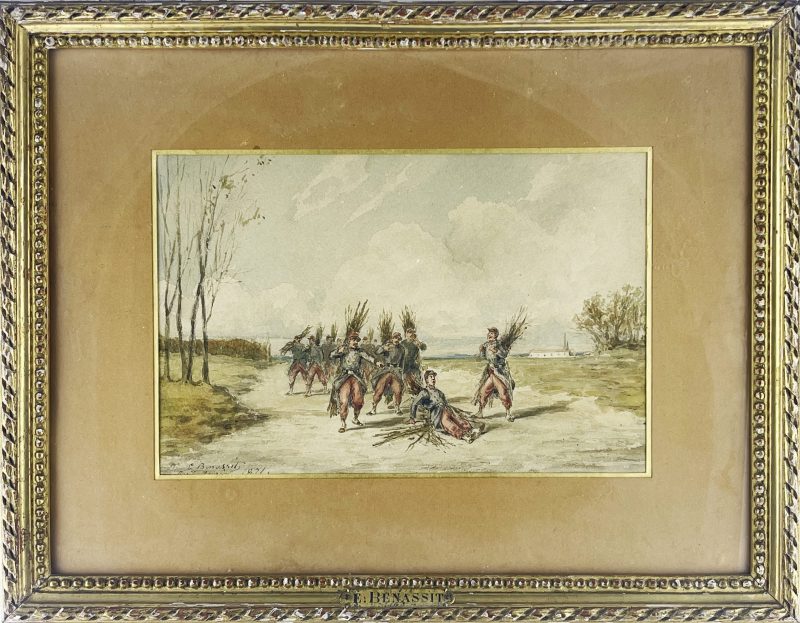 Dessin original rehaussé - Louis Emile BENASSIT - Campement 1871 - Guerre de 1870 - Aux fagots de bois