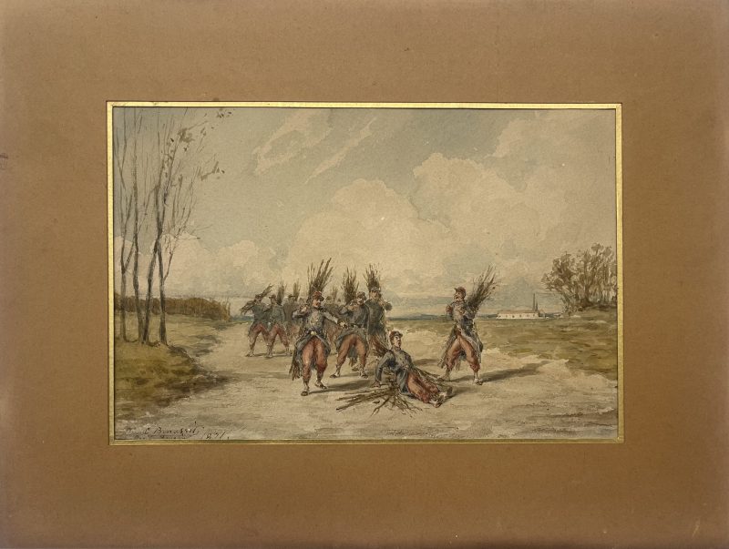Dessin original rehaussé - Louis Emile BENASSIT - Campement 1871 - Guerre de 1870 - Aux fagots de bois