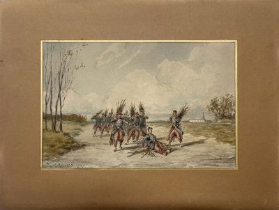 Dessin original rehaussé - Louis Emile BENASSIT - Campement 1871 - Guerre de 1870 - Aux fagots de bois