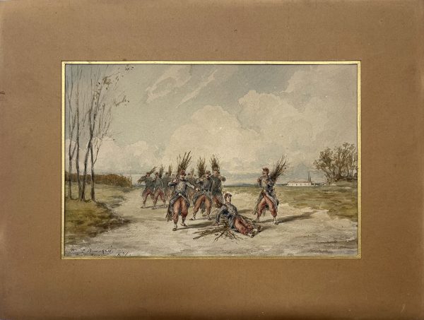 Dessin original rehaussé - Louis Emile BENASSIT - Campement 1871 - Guerre de 1870 - Aux fagots de bois