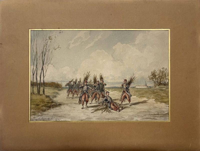 Dessin original rehaussé - Louis Emile BENASSIT - Campement 1871 - Guerre de 1870 - Aux fagots de bois