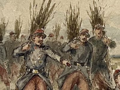 Dessin original rehaussé - Louis Emile BENASSIT - Campement 1871 - Guerre de 1870 - Aux fagots de bois