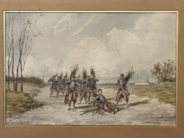 Dessin original rehaussé - Louis Emile BENASSIT - Campement 1871 - Guerre de 1870 - Aux fagots de bois