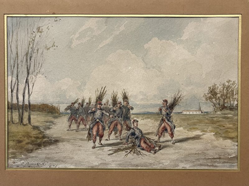 Dessin original rehaussé - Louis Emile BENASSIT - Campement 1871 - Guerre de 1870 - Aux fagots de bois