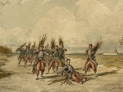 Dessin original rehaussé - Louis Emile BENASSIT - Campement 1871 - Guerre de 1870 - Aux fagots de bois