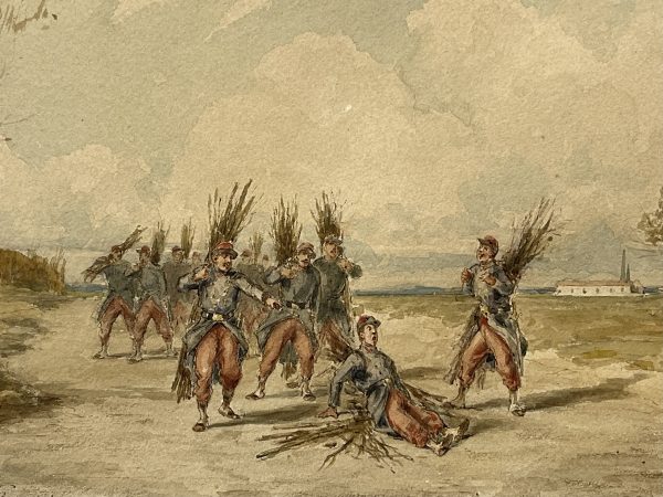 Dessin original rehaussé - Louis Emile BENASSIT - Campement 1871 - Guerre de 1870 - Aux fagots de bois