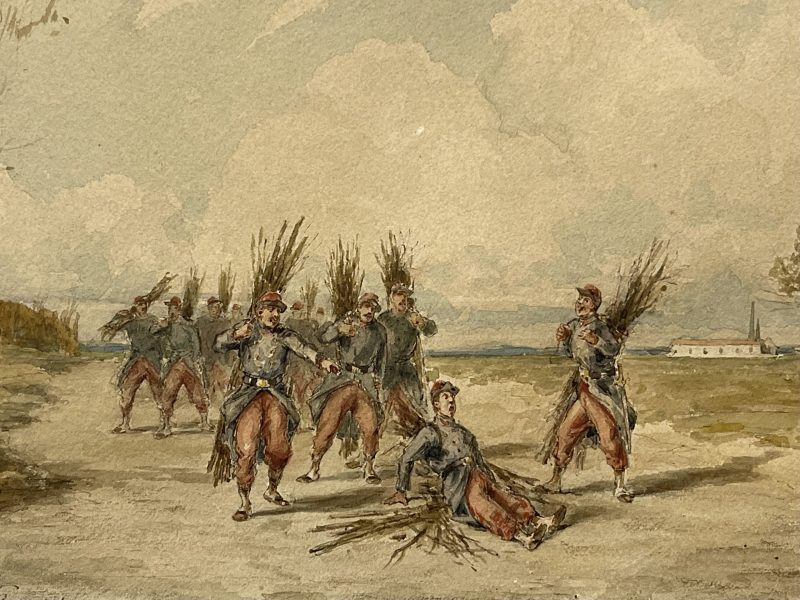 Dessin original rehaussé - Louis Emile BENASSIT - Campement 1871 - Guerre de 1870 - Aux fagots de bois