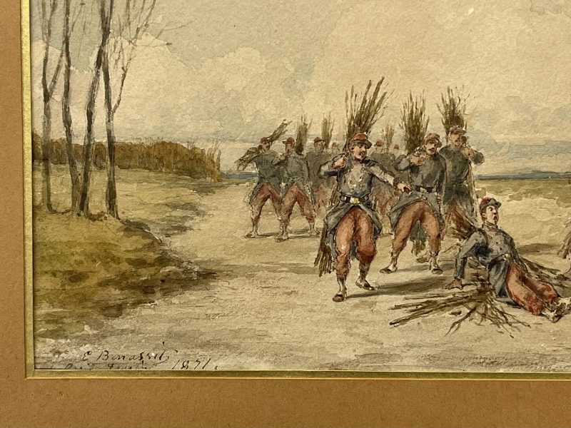 Dessin original rehaussé - Louis Emile BENASSIT - Campement 1871 - Guerre de 1870 - Aux fagots de bois