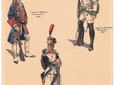 Gravure rehaussée main - Couleur - Uniforme Belge - J.DEMART - Soldats Belges à différentes époques 1740 / 1790 / 1810 - Uniformologie
