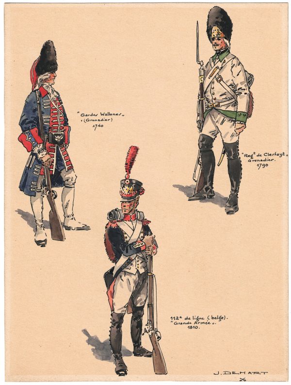Gravure rehaussée main - Couleur - Uniforme Belge - J.DEMART - Soldats Belges à différentes époques 1740 / 1790 / 1810 - Uniformologie