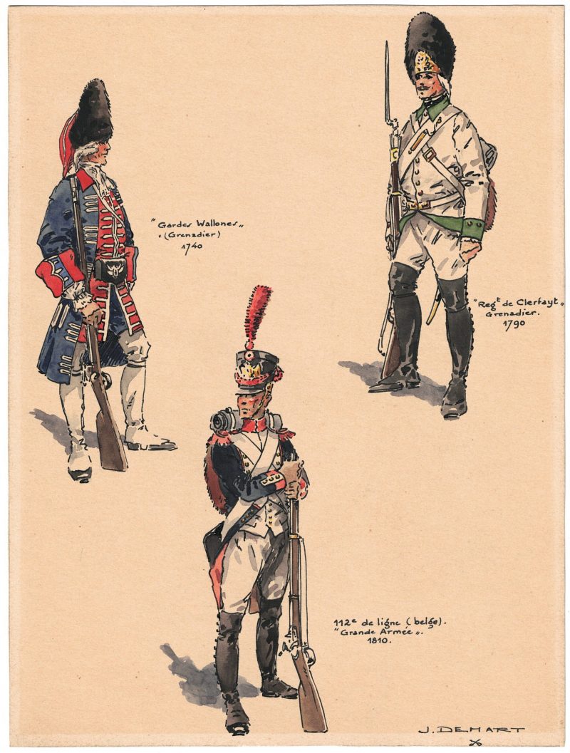 Gravure rehaussée main - Couleur - Uniforme Belge - J.DEMART - Soldats Belges à différentes époques 1740 / 1790 / 1810 - Uniformologie
