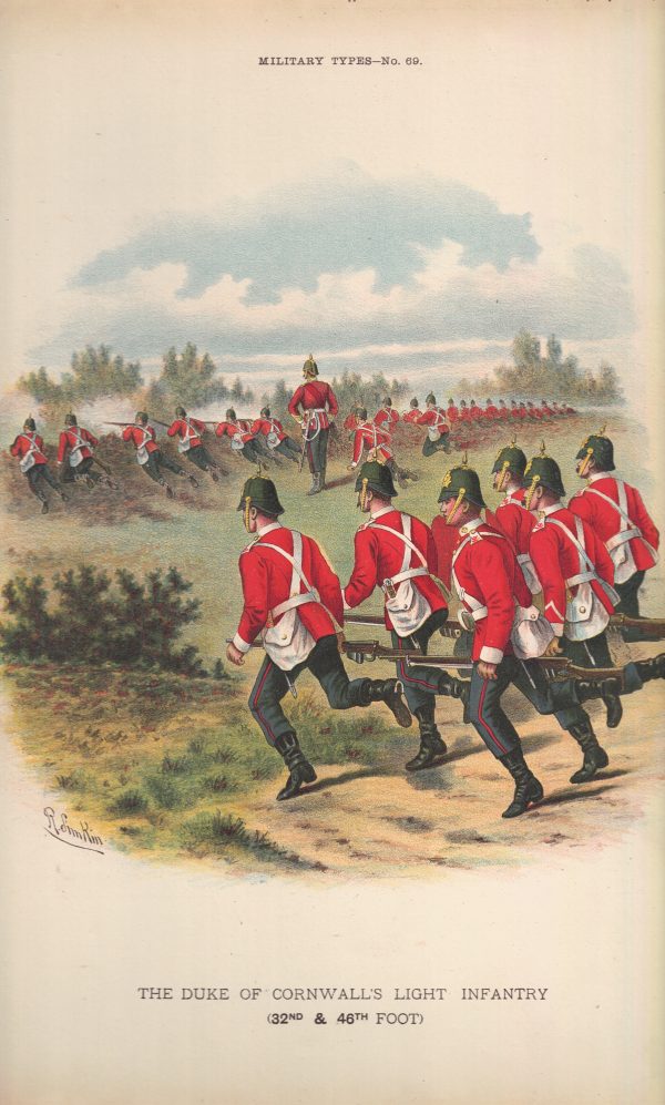 Gravure Chromolithographie XIX - Uniforme 1893 - Angleterre - Richard Simkin - Armée Anglaise - The Duke of Cornwall's Light Infantry Régiment - 32th and 46th - Campagne Militaire