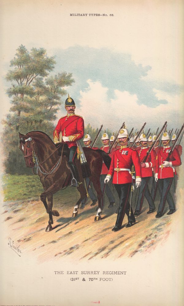 Gravure Chromolithographie XIX - Uniforme 1893 - Angleterre - Richard Simkin - Armée Anglaise - The East Surrey Régiment - 31th and 70th - Campagne Militaire
