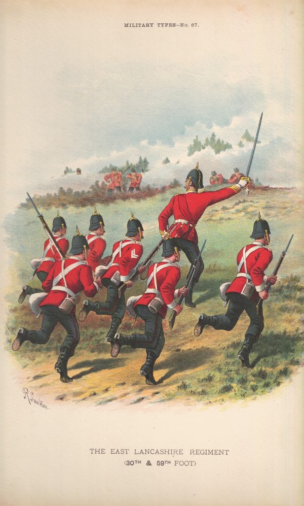 Gravure Chromolithographie XIX - Uniforme 1893 - Angleterre - Richard Simkin - Armée Anglaise - The East Lancashire Régiment - 30th and 59th - Campagne Militaire
