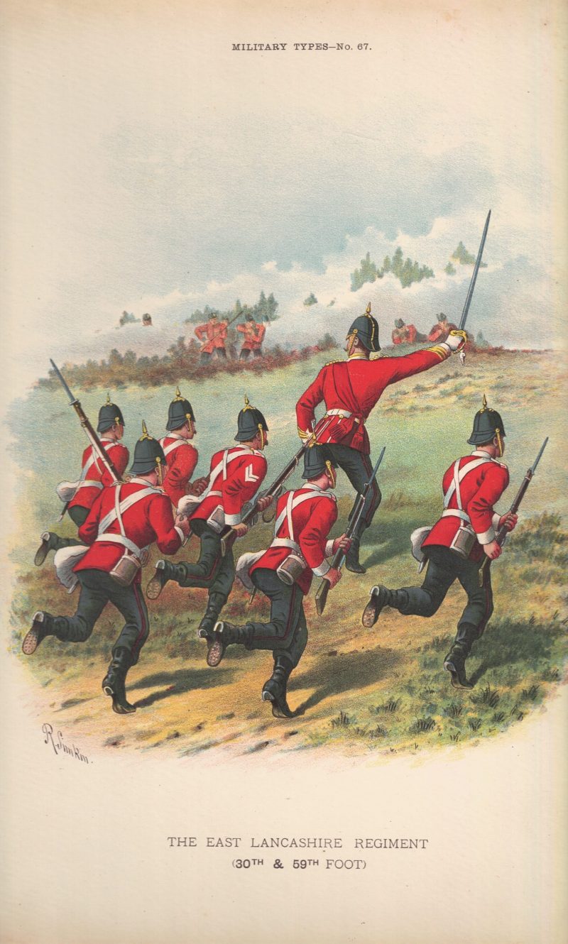 Gravure Chromolithographie XIX - Uniforme 1893 - Angleterre - Richard Simkin - Armée Anglaise - The East Lancashire Régiment - 30th and 59th - Campagne Militaire