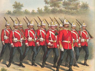 Gravure Chromolithographie XIX - Uniforme 1893 - Angleterre - Richard Simkin - Armée Anglaise - The Worcestershire Régiment - 29th and 36th - Campagne Militaire