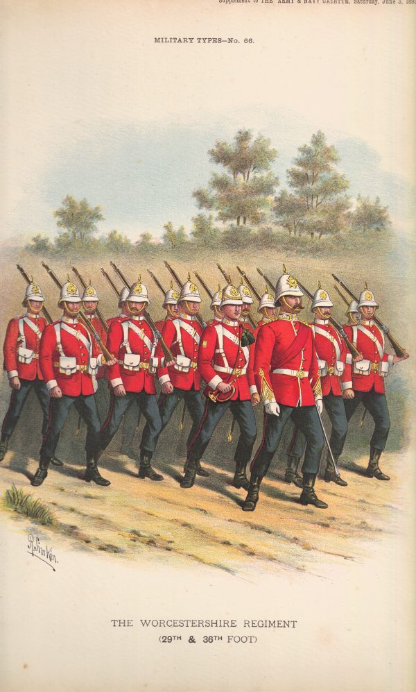 Gravure Chromolithographie XIX - Uniforme 1893 - Angleterre - Richard Simkin - Armée Anglaise - The Worcestershire Régiment - 29th and 36th - Campagne Militaire
