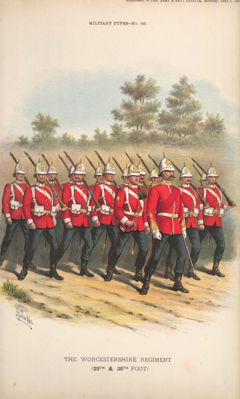 Gravure Chromolithographie XIX - Uniforme 1893 - Angleterre - Richard Simkin - Armée Anglaise - The Worcestershire Régiment - 29th and 36th - Campagne Militaire