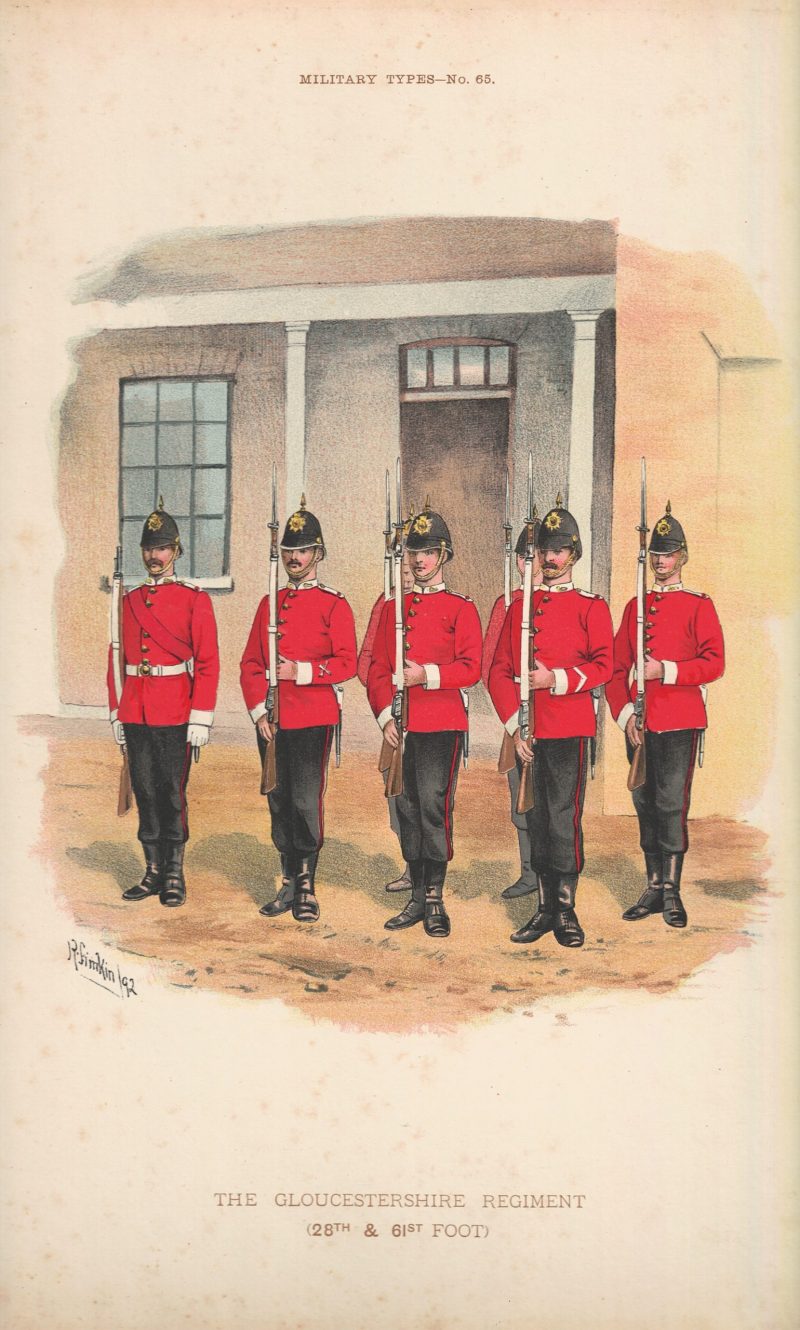 Gravure Chromolithographie XIX - Uniforme 1893 - Angleterre - Richard Simkin - Armée Anglaise - The Gloucestershire Régiment - 28th and 61th - Campagne Militaire