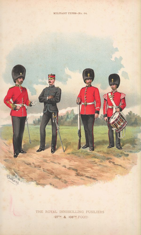 Gravure Chromolithographie XIX - Uniforme 1893 - Angleterre - Richard Simkin - Armée Anglaise - The Royal Inniskilling Fusiliers Régiment - 27th and 108th - Campagne Militaire