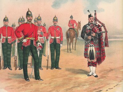 Gravure Chromolithographie XIX - Uniforme 1893 - Angleterre - Richard Simkin - Armée Anglaise - The King's Own Scottish Borderers - 25th - Campagne Militaire
