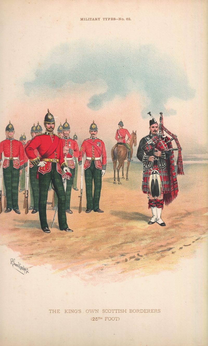Gravure Chromolithographie XIX - Uniforme 1893 - Angleterre - Richard Simkin - Armée Anglaise - The King's Own Scottish Borderers - 25th - Campagne Militaire