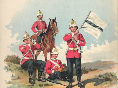 Gravure Chromolithographie XIX - Uniforme 1893 - Angleterre - Richard Simkin - Armée Anglaise - The South Wales Borderers - 24th - Campagne Militaire