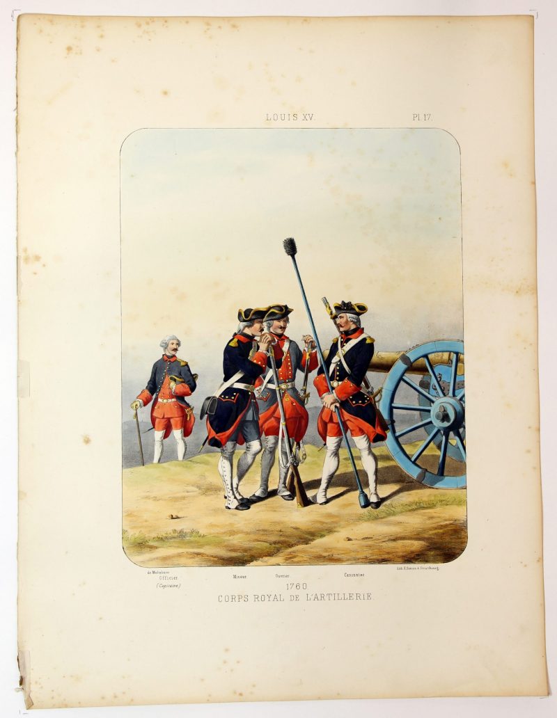 Gravure Lithographie XIX - Soldat - De Moltzheim Auguste - Uniforme - France - Artillerie - Armée Française - Historique - Artillerie Louis XV - Artillerie Royal 1760