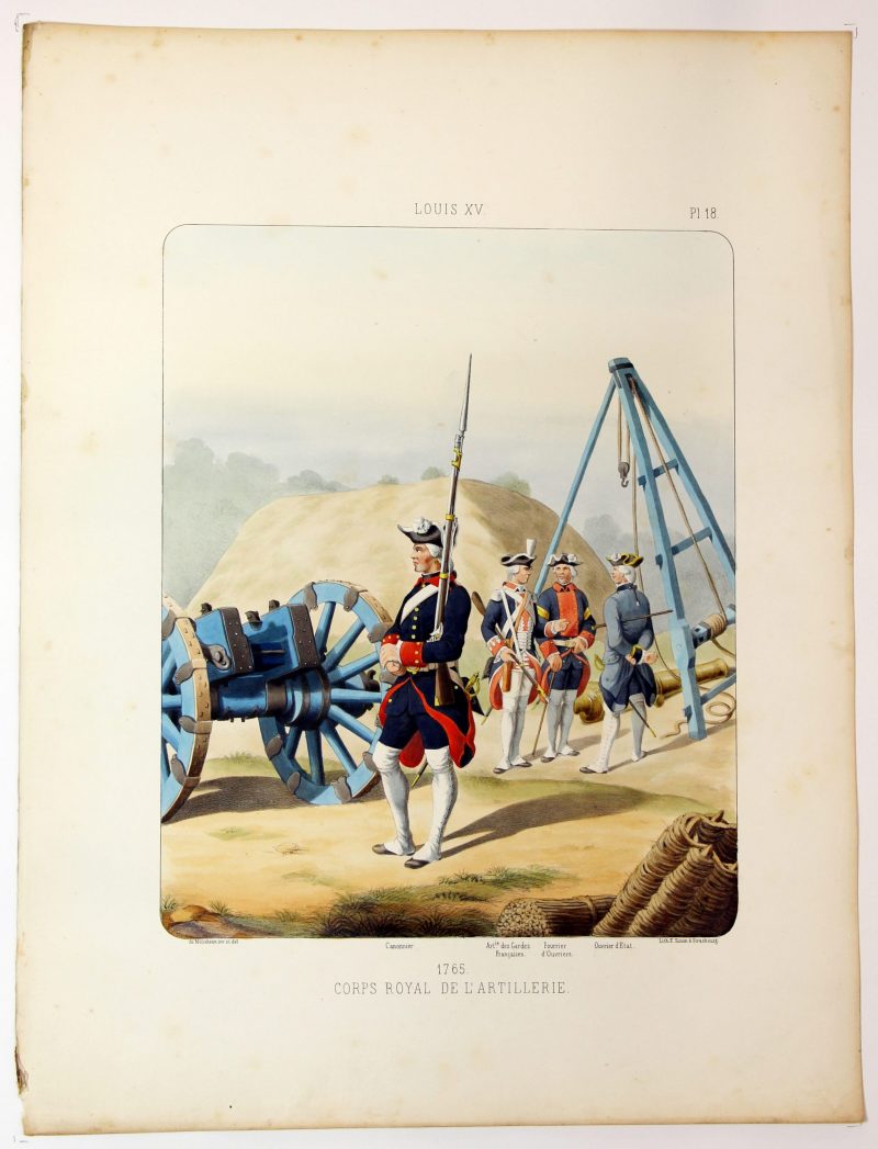 Gravure Lithographie XIX - Soldat - De Moltzheim Auguste - Uniforme - France - Artillerie - Armée Française - Historique - Artillerie Louis XV - Artillerie Royal 1765
