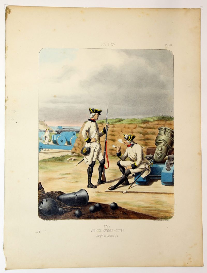 Gravure Lithographie XIX - Soldat - De Moltzheim Auguste - Uniforme - France - Artillerie - Armée Française - Historique - Artillerie Louis XV - Milice Garde Cotes 1772