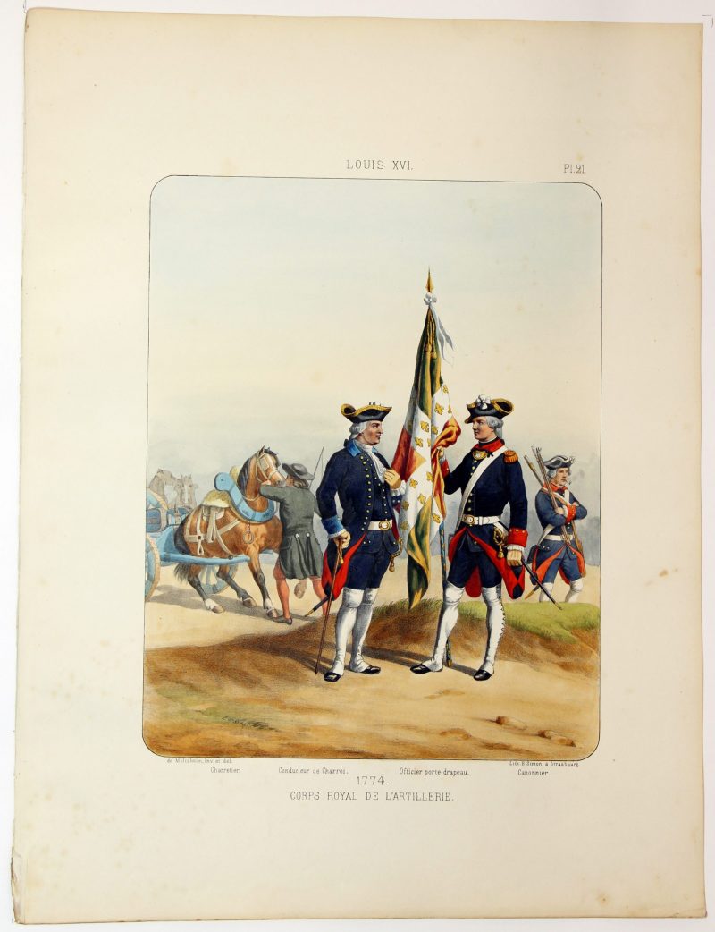 Gravure Lithographie XIX - Soldat - De Moltzheim Auguste - Uniforme - France - Artillerie - Armée Française - Historique - Artillerie Louis XVI - Corps Royal de l'artillerie 1774