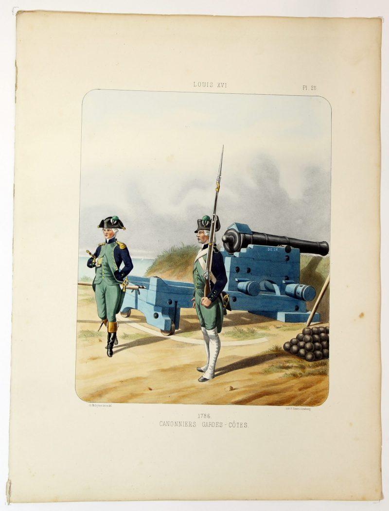 Gravure Lithographie XIX - Soldat - De Moltzheim Auguste - Uniforme - France - Artillerie - Armée Française - Historique - Artillerie Louis XVI - Canonniers Garde Côtes 1786