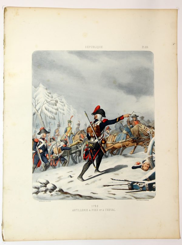 Gravure Lithographie XIX - Soldat - De Moltzheim Auguste - Uniforme - France - Artillerie - Armée Française - Historique - République 1792 Artilleur à pied et a cheval
