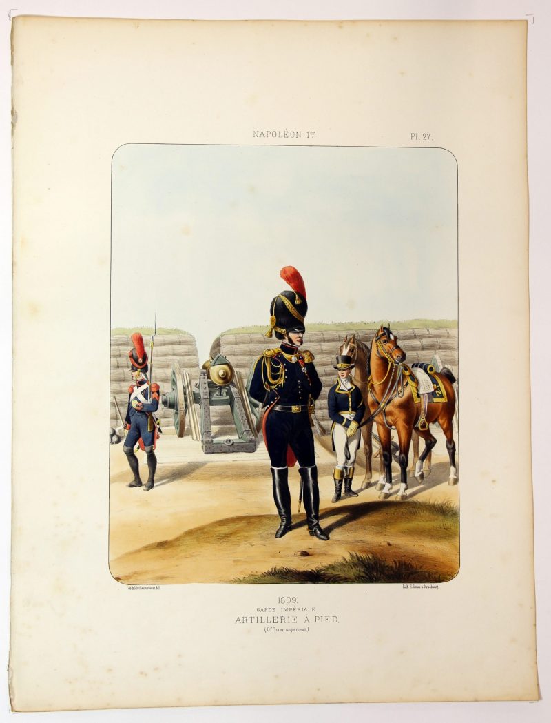 Gravure Lithographie XIX - Soldat - De Moltzheim Auguste - Uniforme - France - Artillerie - Armée Française - Historique - Napoleon 1er - Artillerie a Pied - Garde Impériale 1809