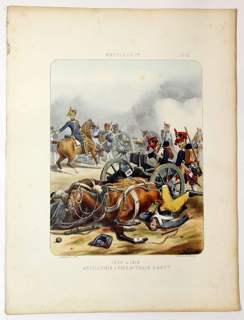 Gravure Lithographie XIX - Soldat - De Moltzheim Auguste - Uniforme - France - Artillerie - Armée Française - Historique - Napoleon 1er - Artillerie à pied - Train d'artillerie - 1806 - 1812