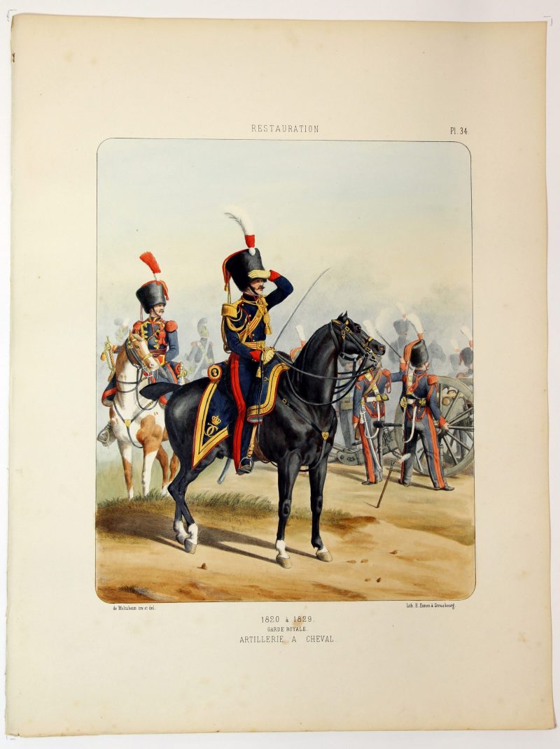 Gravure Lithographie XIX - Soldat - De Moltzheim Auguste - Uniforme - France - Artillerie - Armée Française - Historique - Restauration - Artillerie à Cheval - Garde Impériale - 1820 à 1829