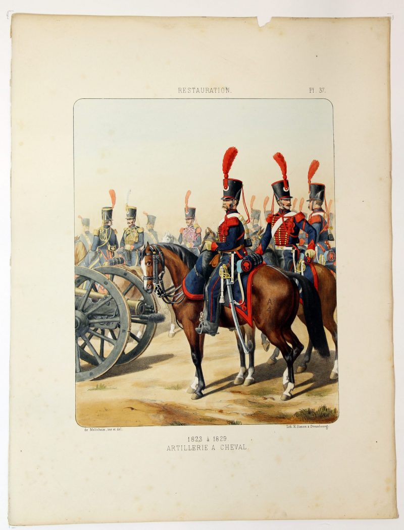 Gravure Lithographie XIX - Soldat - De Moltzheim Auguste - Uniforme - France - Artillerie - Armée Française - Historique - Restauration - Artillerie à Cheval - 1823 à 1829