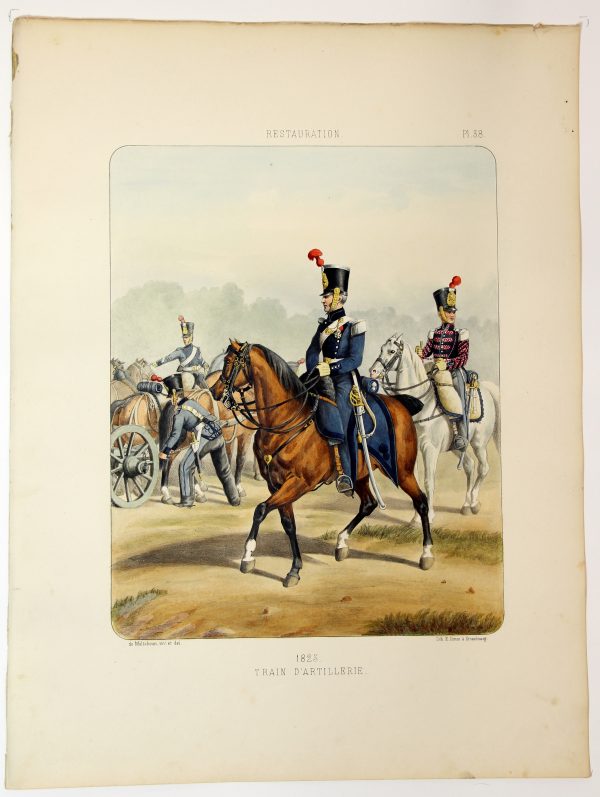 Gravure Lithographie XIX - Soldat - De Moltzheim Auguste - Uniforme - France - Artillerie - Armée Française - Historique - Restauration - Train d'artillerie - 1823