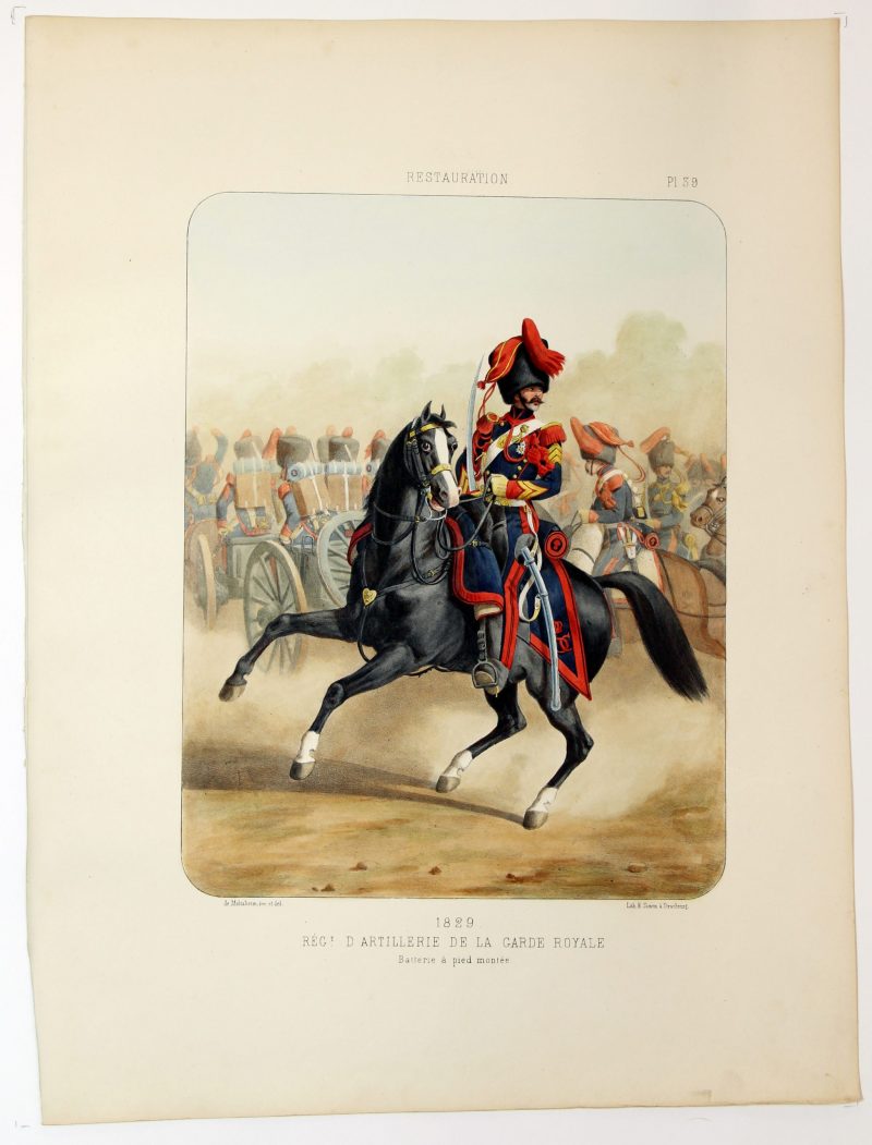 Gravure Lithographie XIX - Soldat - De Moltzheim Auguste - Uniforme - France - Artillerie - Armée Française - Historique - Restauration - Artillerie à Cheval - Garde Royale - 1829