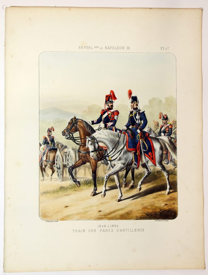 Gravure Lithographie XIX - Soldat - De Moltzheim Auguste - Uniforme - France - Artillerie - Armée Française - Historique - Second Empire - Train de parcs d'artillerie