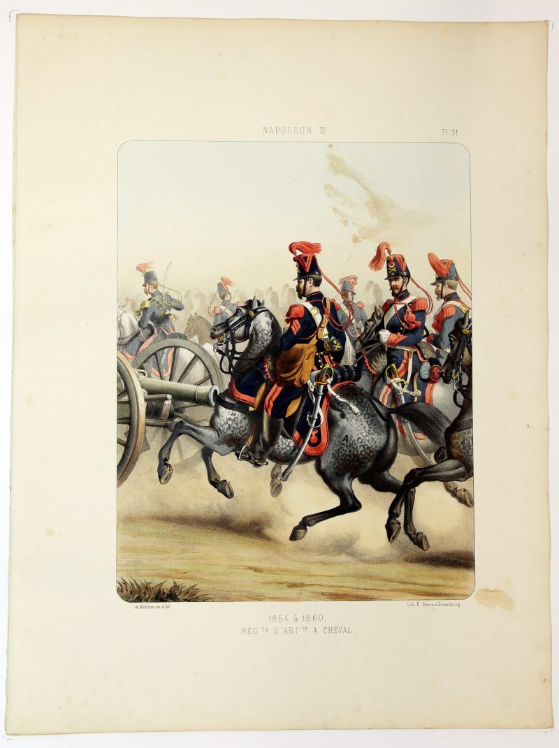 Gravure Lithographie XIX - Soldat - De Moltzheim Auguste - Uniforme - France - Artillerie - Armée Française - Historique - Second Empire - Artillerie à Cheval