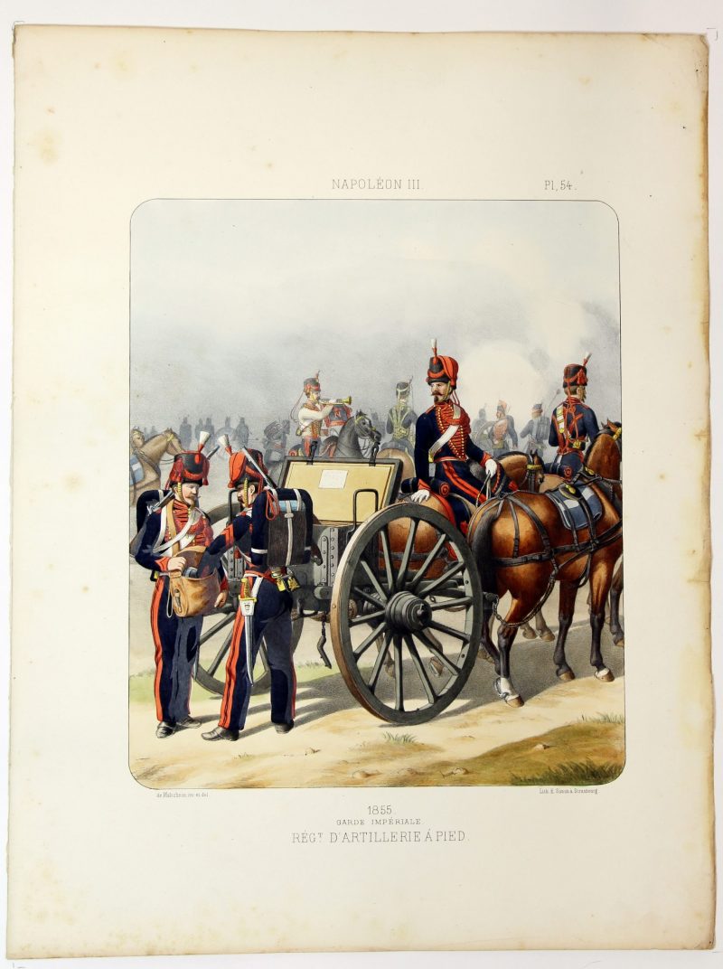 Gravure Lithographie XIX - Soldat - De Moltzheim Auguste - Uniforme - France - Artillerie - Armée Française - Historique - Second Empire - Artillerie à Pied - Garde Impériale 1855