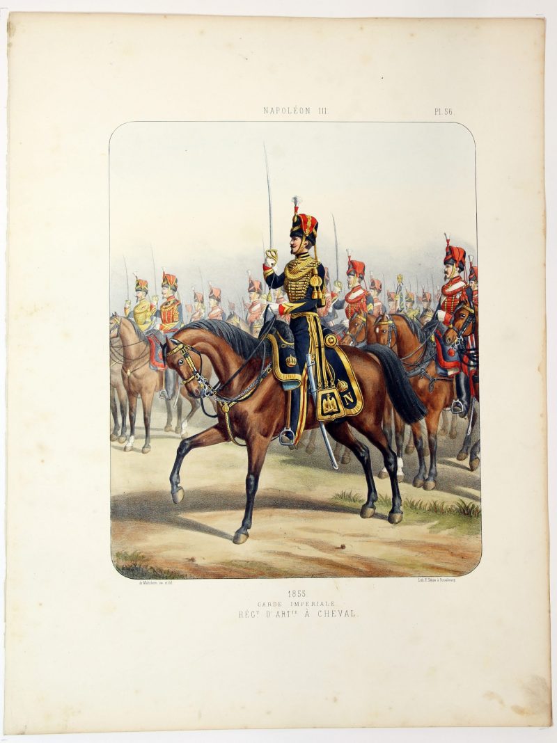 Gravure Lithographie XIX - Soldat - De Moltzheim Auguste - Uniforme - France - Artillerie - Armée Française - Historique - Second Empire - Artillerie à Cheval - Garde Impériale 1855