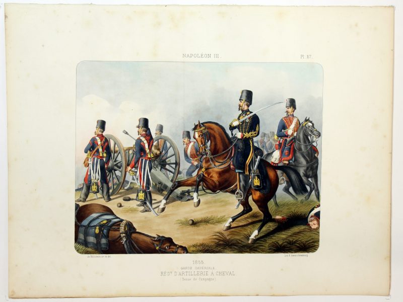 Gravure Lithographie XIX - Soldat - De Moltzheim Auguste - Uniforme - France - Artillerie - Armée Française - Historique - Second Empire - Artillerie à Cheval - Garde Impériale 1855