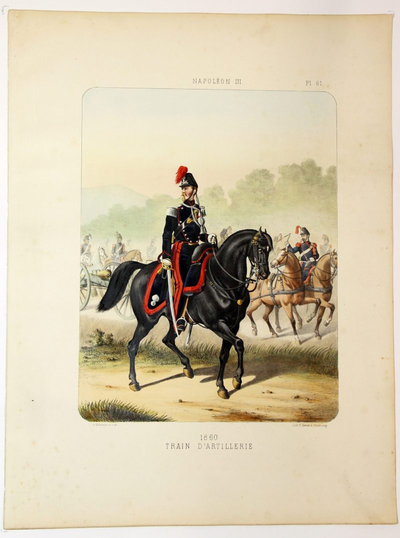 Gravure Lithographie XIX - Soldat - De Moltzheim Auguste - Uniforme - France - Artillerie - Armée Française - Historique - Second Empire - Train d'artillerie - 1860