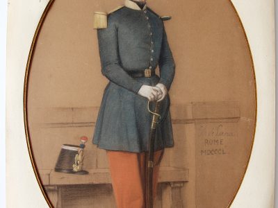 Dessin crayon pastel - Soldat Officier - 1850 - Second Empire - Uniforme - Aquarelle Originale - Charles de Luna - Rome - Siège de Rome - 1849