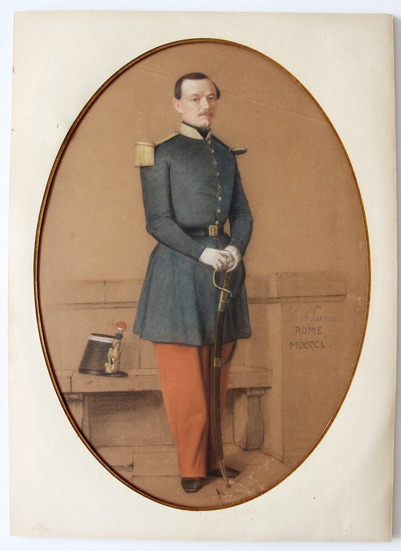 Dessin crayon pastel - Soldat Officier - 1850 - Second Empire - Uniforme - Aquarelle Originale - Charles de Luna - Rome - Siège de Rome - 1849