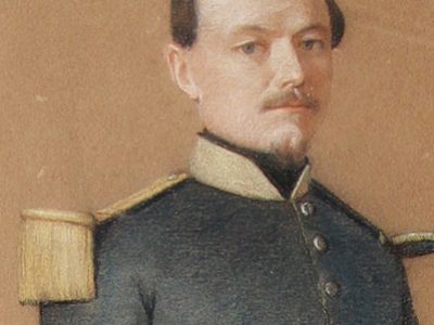 Dessin crayon pastel - Soldat Officier - 1850 - Second Empire - Uniforme - Aquarelle Originale - Charles de Luna - Rome - Siège de Rome - 1849