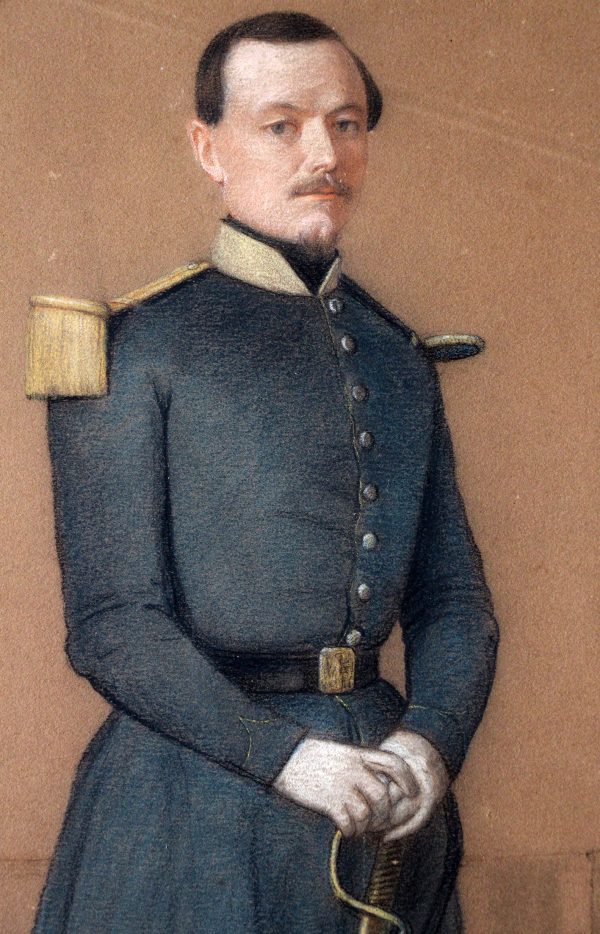 Dessin crayon pastel - Soldat Officier - 1850 - Second Empire - Uniforme - Aquarelle Originale - Charles de Luna - Rome - Siège de Rome - 1849
