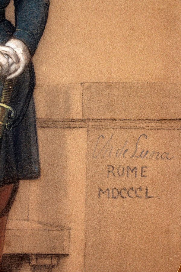 Dessin crayon pastel - Soldat Officier - 1850 - Second Empire - Uniforme - Aquarelle Originale - Charles de Luna - Rome - Siège de Rome - 1849